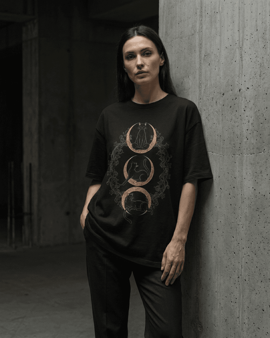 Ayın Üç Kedisi Siyah Oversize T-Shirt gallery image 3