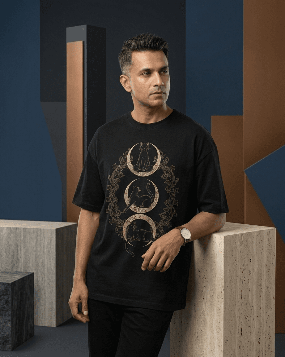 Ayın Üç Kedisi Siyah Oversize T-Shirt gallery image 2
